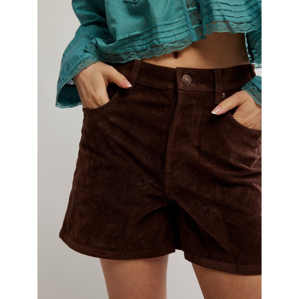 Free People Brown Suede-Look High-Rise Shorts